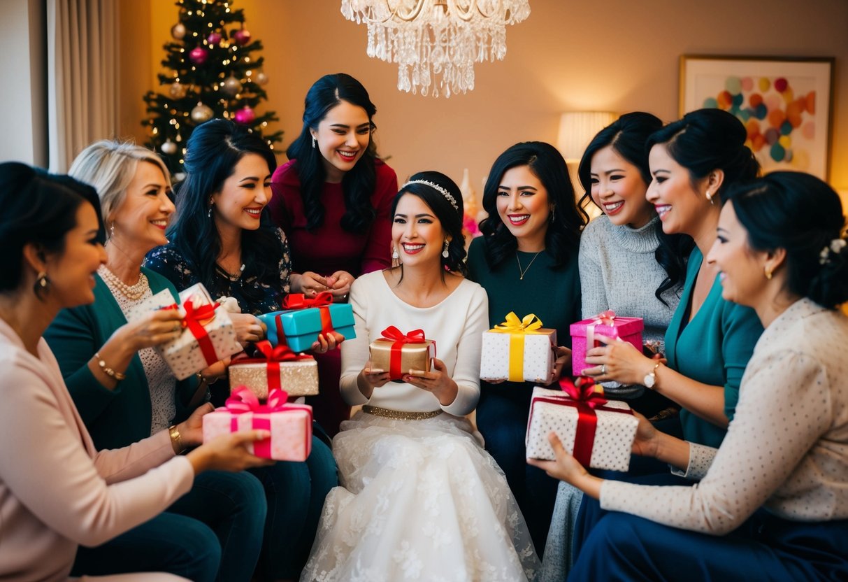 A group of women gather to celebrate a bride-to-be, exchanging gifts and sharing stories in a festive atmosphere
