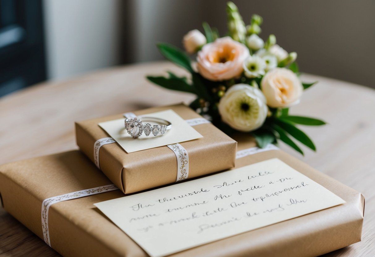 A beautifully wrapped box containing a delicate piece of jewelry, a handwritten note, and a small bouquet of flowers