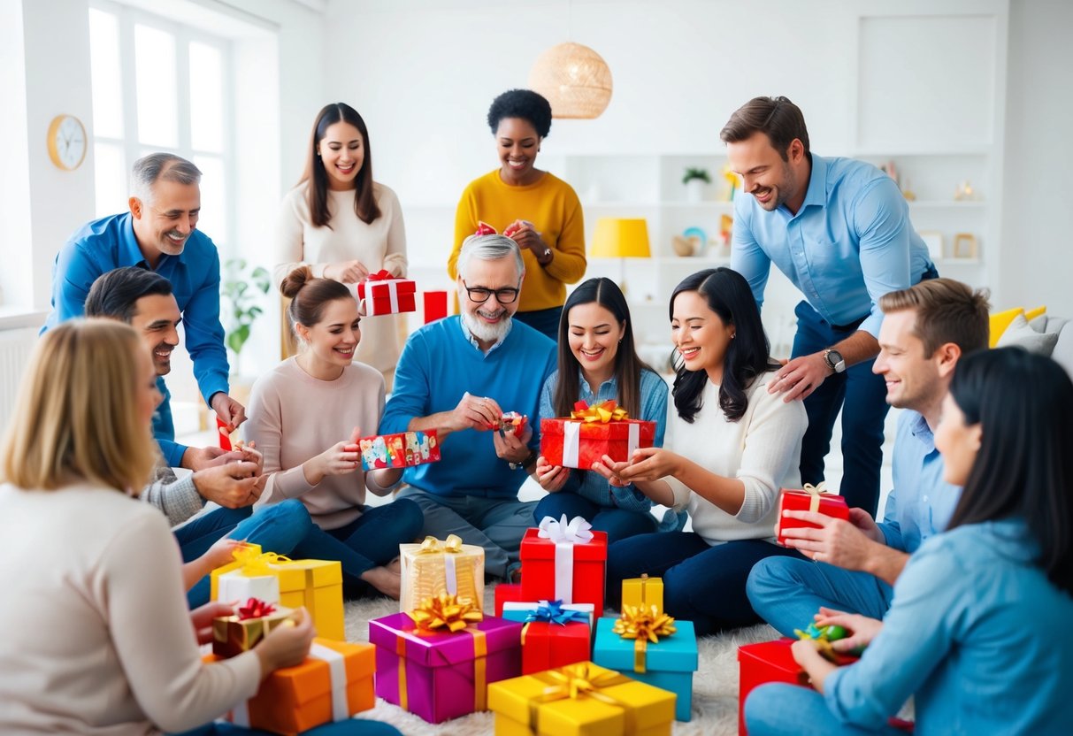 A group of people of various ages and genders are gathered in a bright, spacious room, engaged in activities such as opening gifts, playing games, and enjoying refreshments