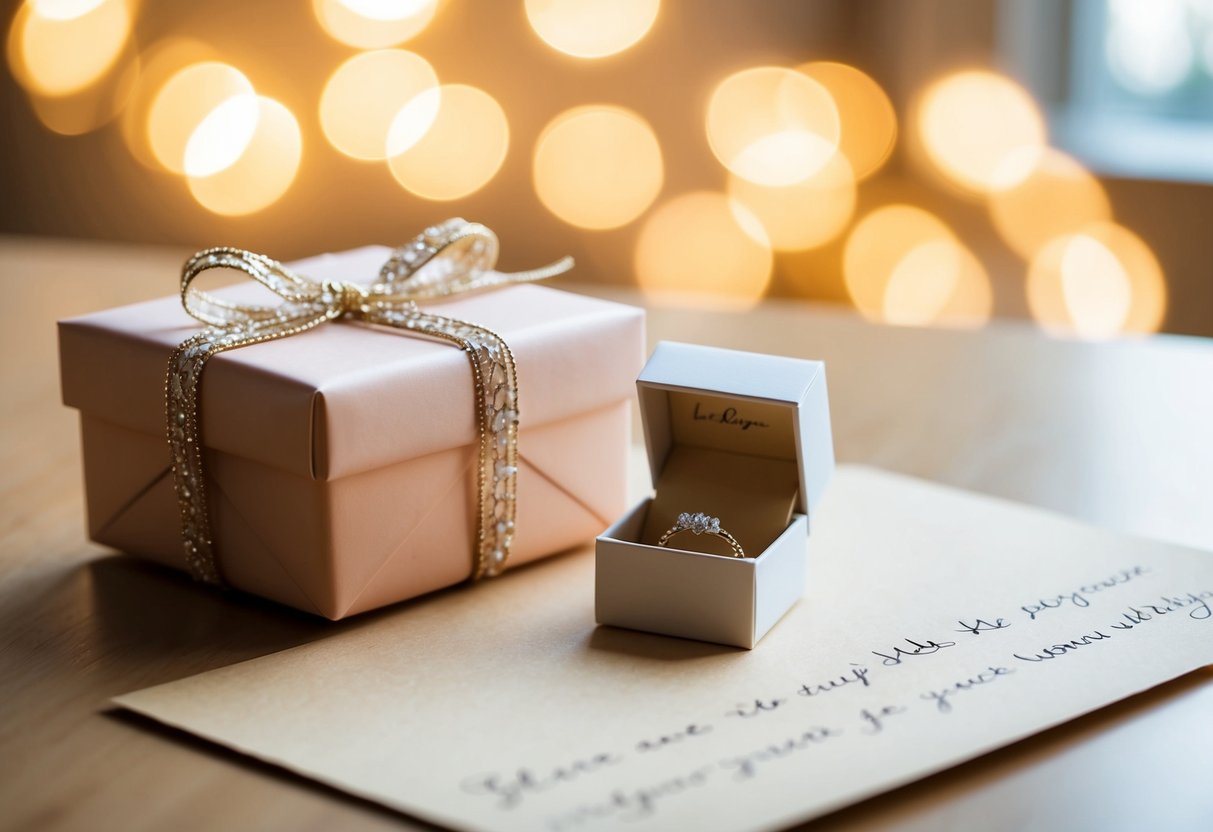 A beautifully wrapped gift box with a delicate piece of jewelry inside, along with a handwritten note expressing love and warm wishes