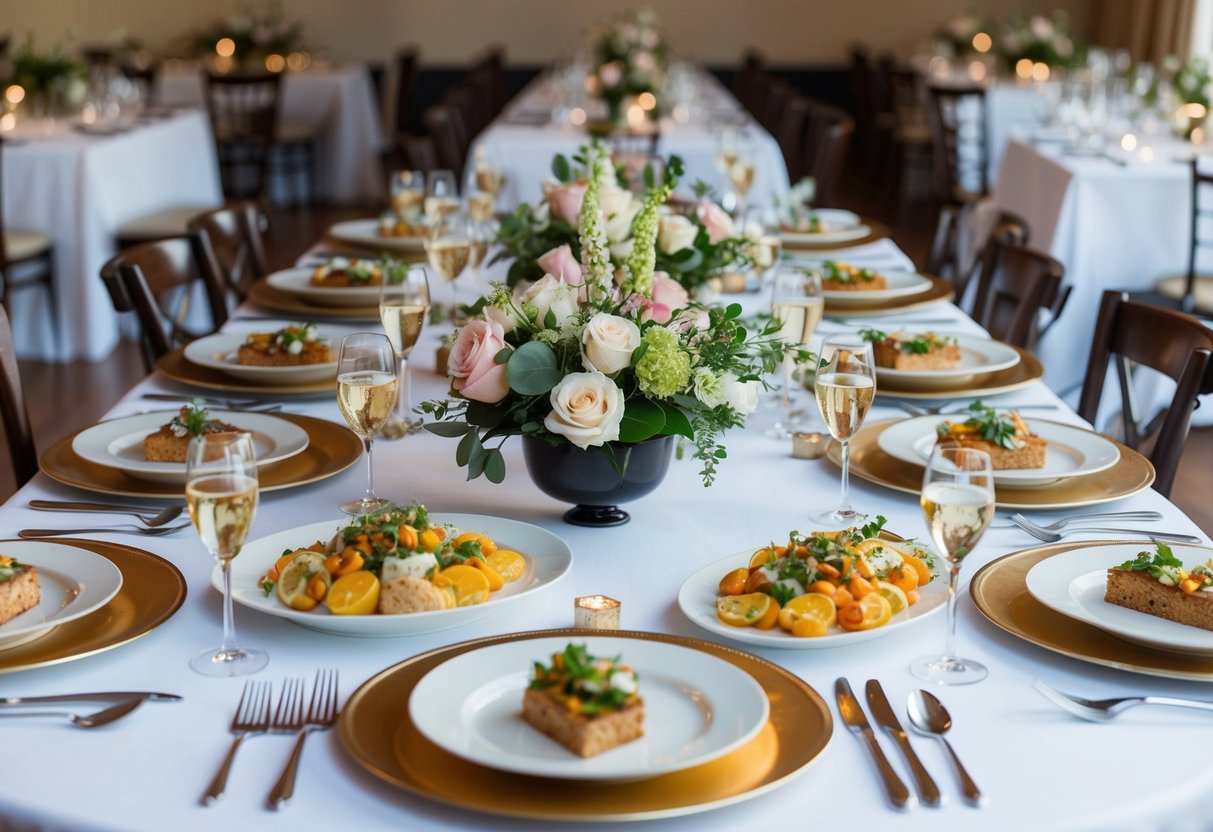A beautifully set table with elegant place settings, floral centerpieces, and a variety of delectable dishes arranged on platters and serving trays