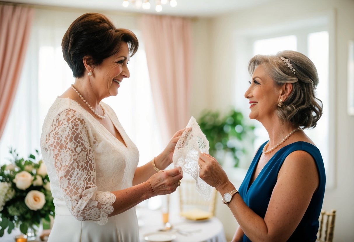 A mother-in-law presents a delicate lace handkerchief to her daughter-in-law at the bridal shower
