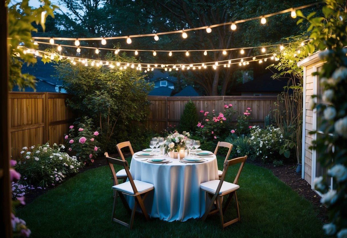 A cozy backyard garden lit by string lights, with a table set for a bridal shower at night, surrounded by blooming flowers and greenery