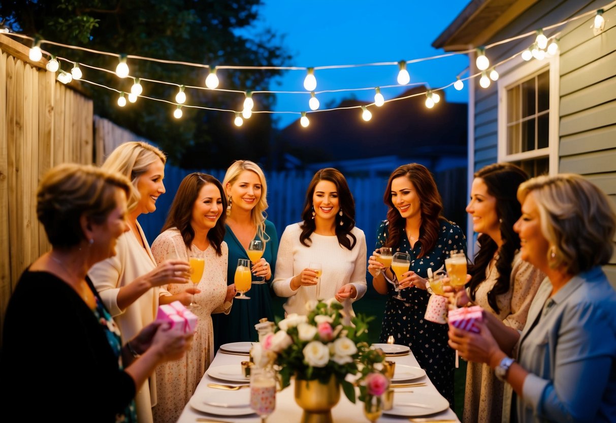 A group of women gather under string lights in a backyard, sipping cocktails and exchanging gifts at an evening bridal shower