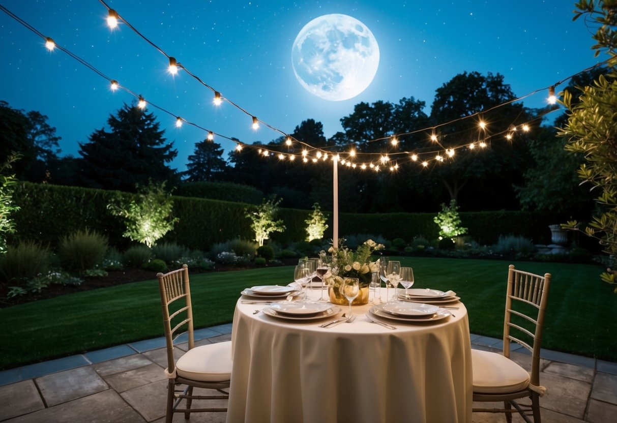 A moonlit garden with twinkling lights, a table set with elegant dinnerware, and a canopy of stars overhead