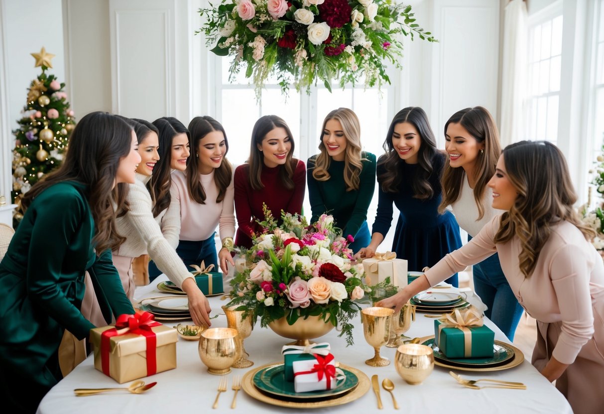 A group of female friends gather around a beautifully decorated table with floral centerpieces and elegant place settings. Gifts and wrapped packages are displayed nearby, adding to the festive atmosphere