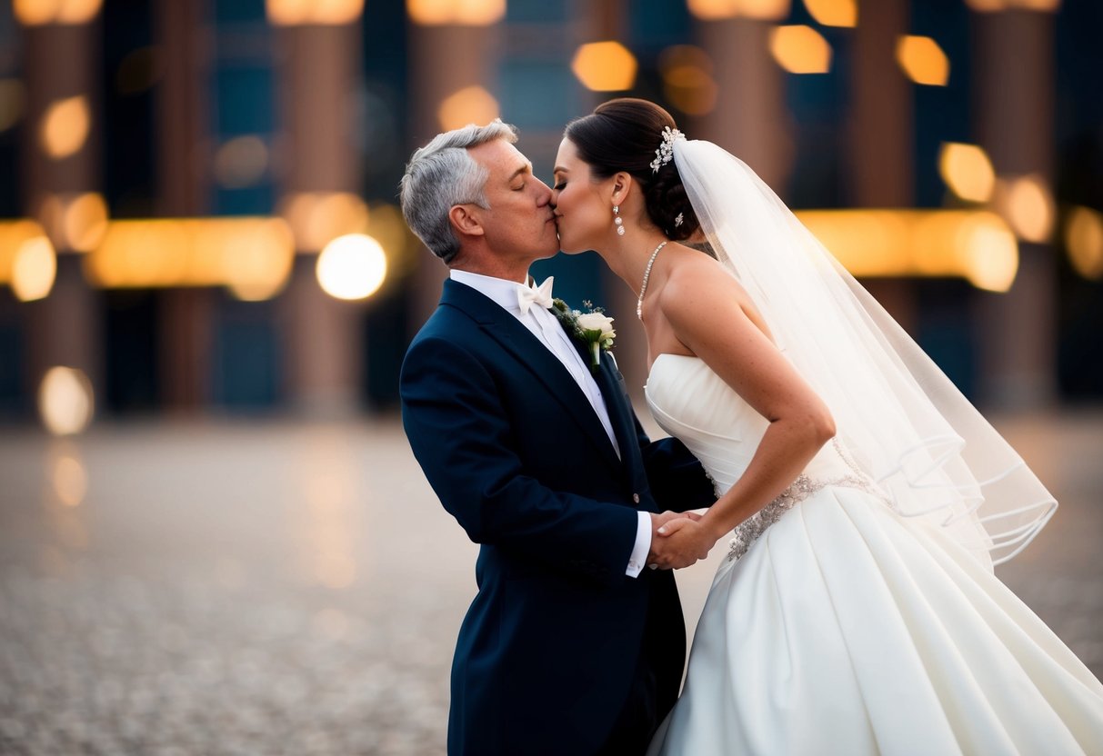 A figure in formal attire leans in to kiss a figure in a wedding gown