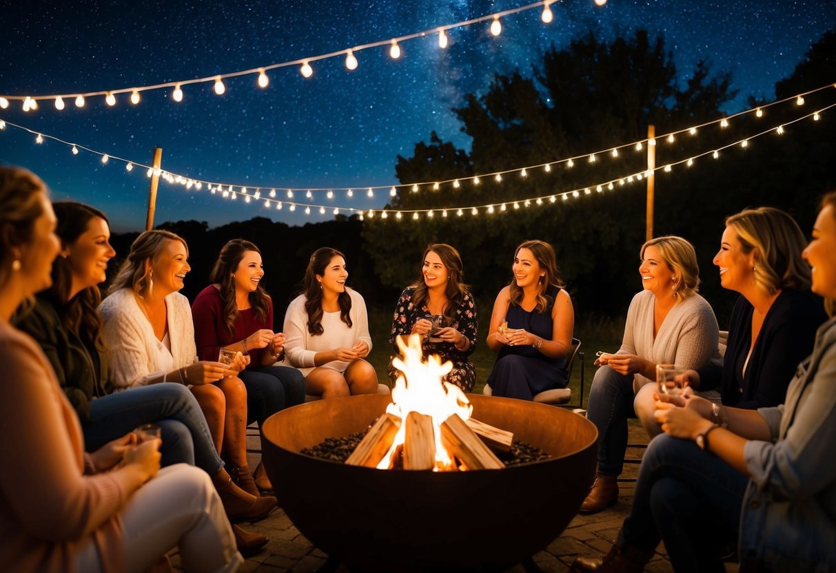 A group of women gather around a cozy fire pit, playing games and chatting under the starry night sky at a bridal shower