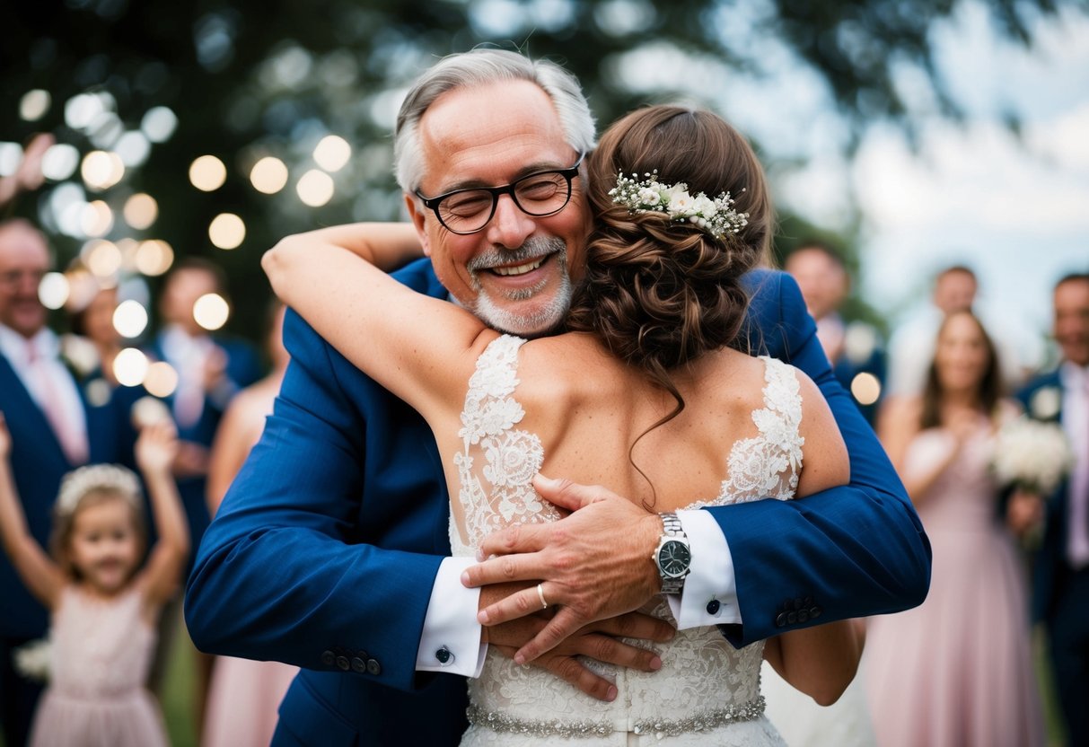 A proud father embraces his daughter, joyfully celebrating her wedding day