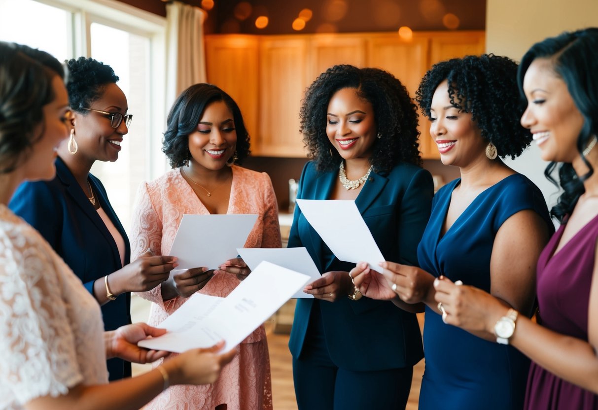 A group of diverse women receiving invitations to a bridal shower