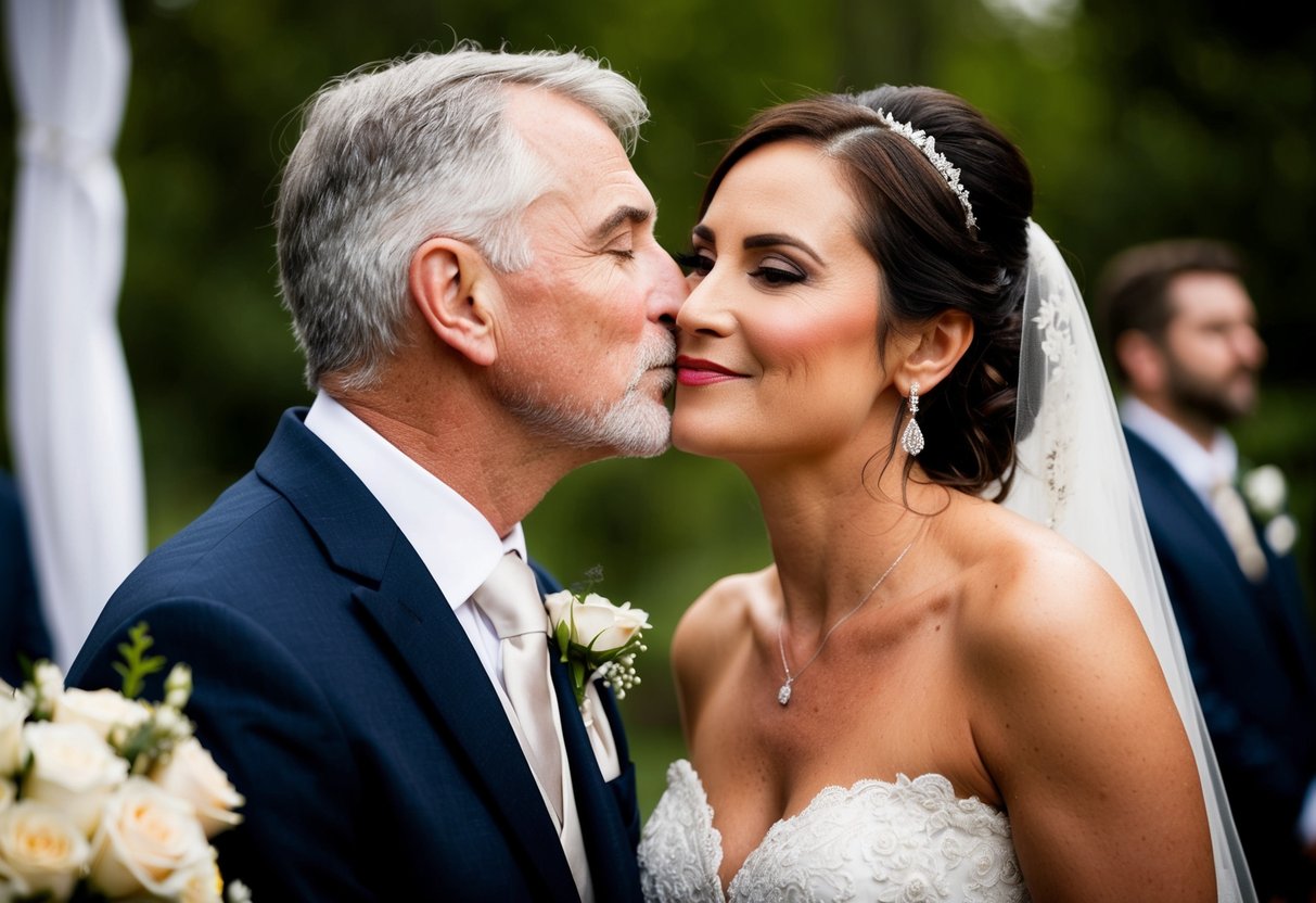 The father of the bride leans in to kiss her on the cheek, as part of the wedding ceremony tradition