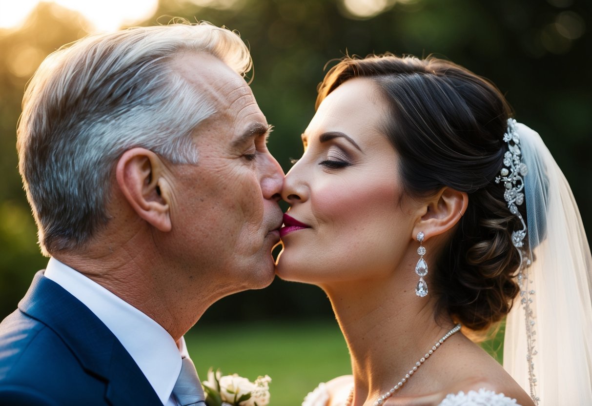 The father of the bride kisses her on the cheek, symbolizing love and support