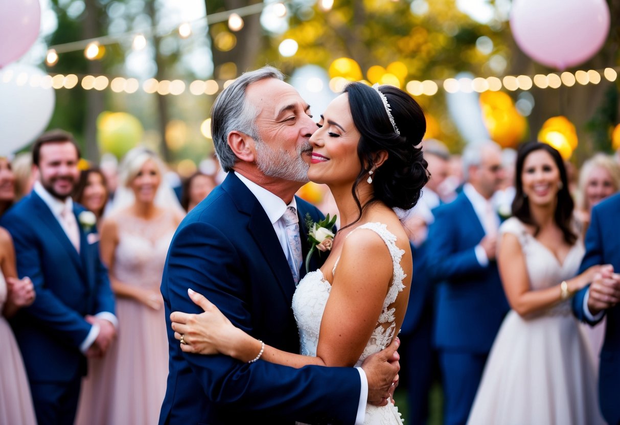 The father of the bride embraces her with a tender kiss on the cheek amidst the joyful wedding celebration and festivities