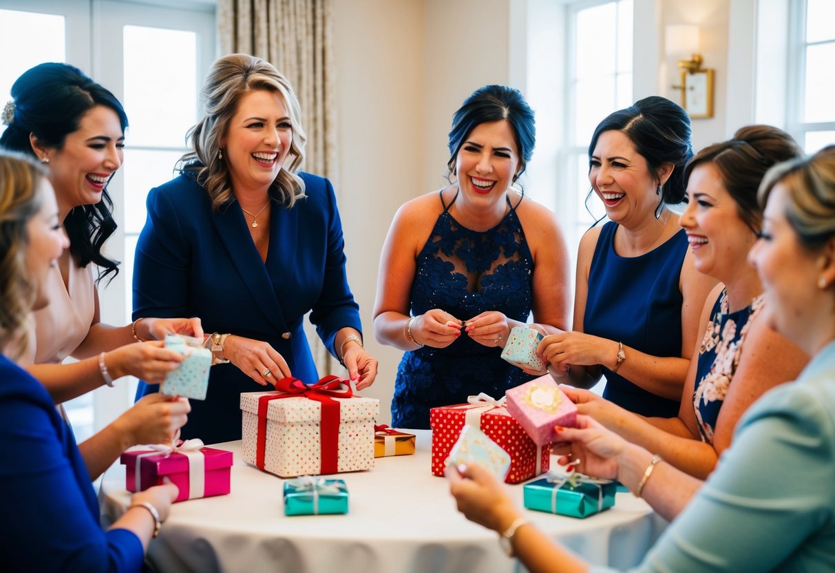 A group of women gathered around a table, laughing and chatting as they open gifts and play games. The mother of the groom is seen smiling and engaging with the other guests