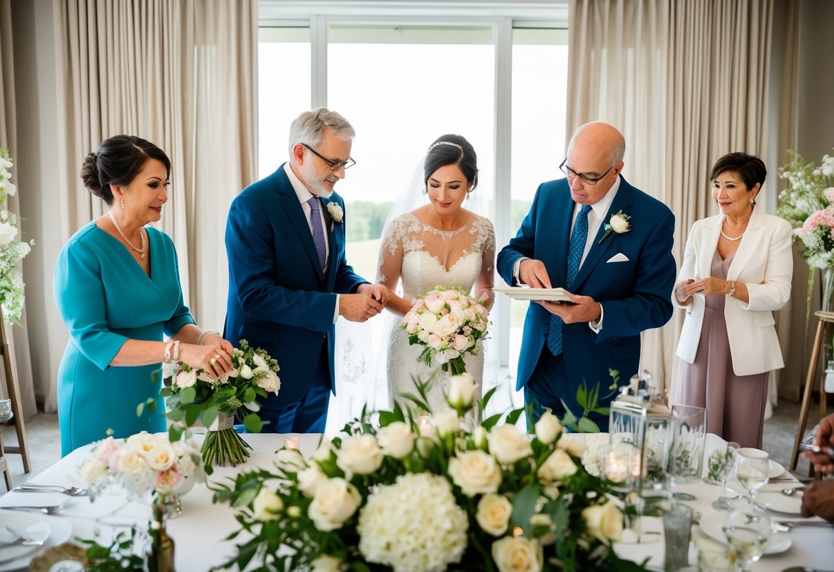 The parents of the bride arranging wedding decorations and coordinating with vendors