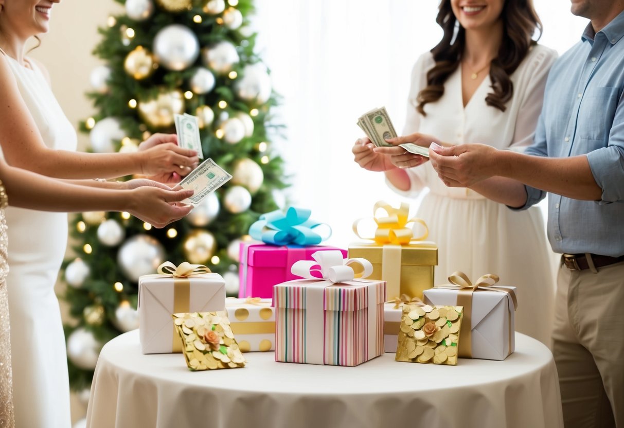 A festive bridal shower scene with a decorative gift table and guests offering monetary gifts in envelopes