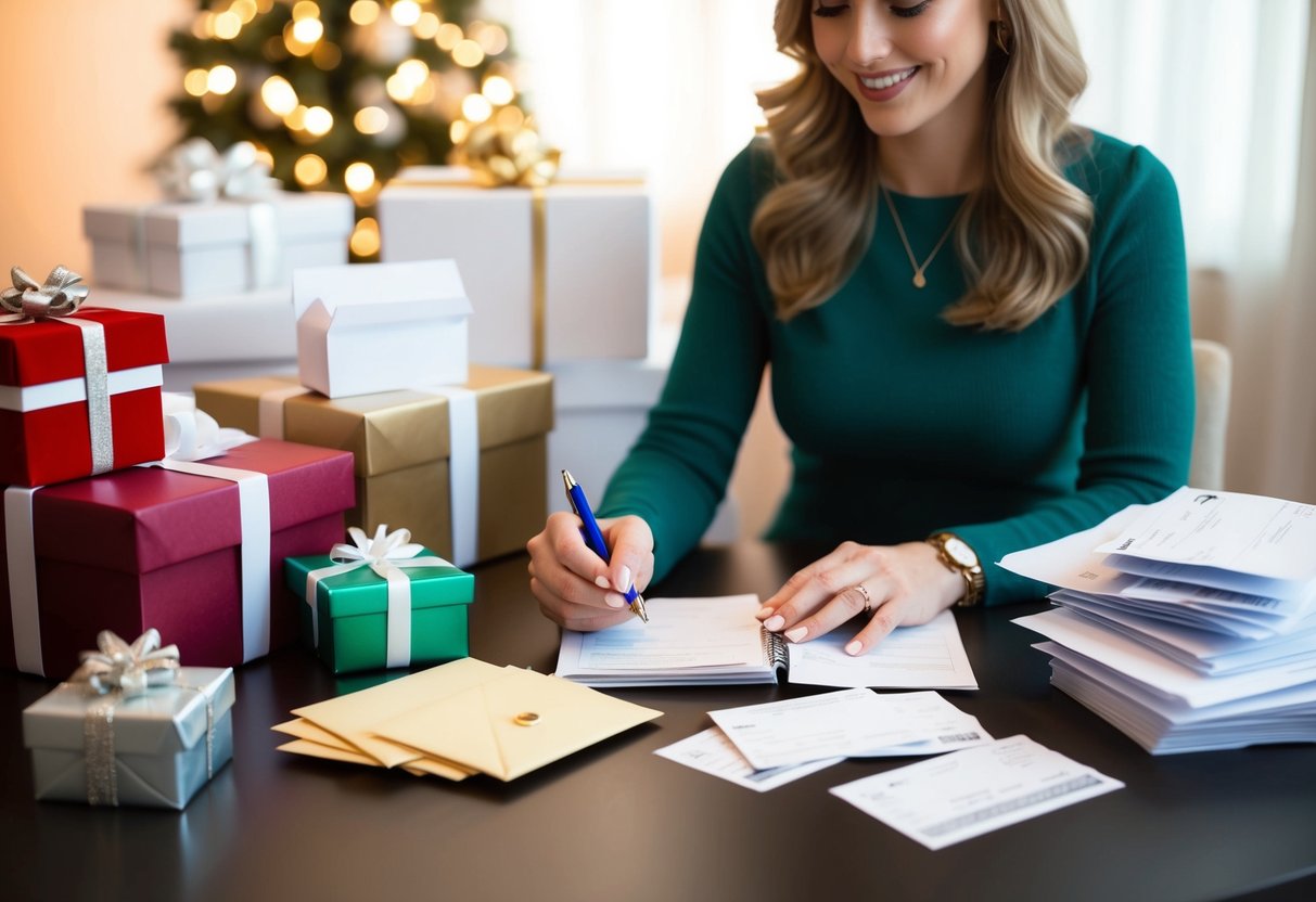 A woman sits at a table, surrounded by gift boxes and a pile of envelopes. She is writing checks and organizing receipts in a budgeting notebook