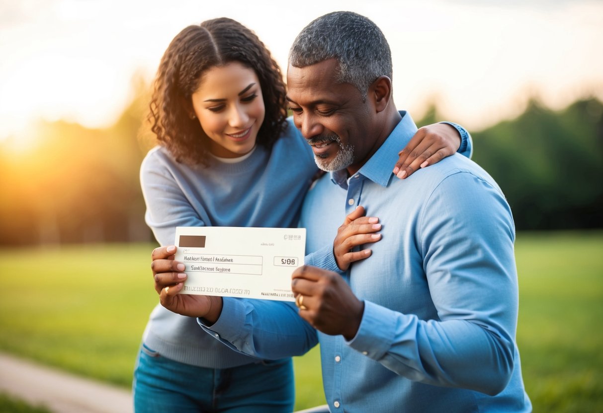 A parent handing over a check to their daughter, while offering a comforting embrace