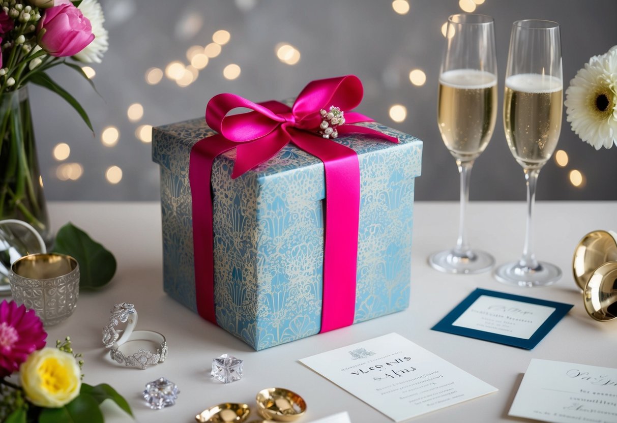 A decorative gift box with a ribbon, surrounded by various wedding-related items such as flowers, champagne glasses, and a wedding invitation