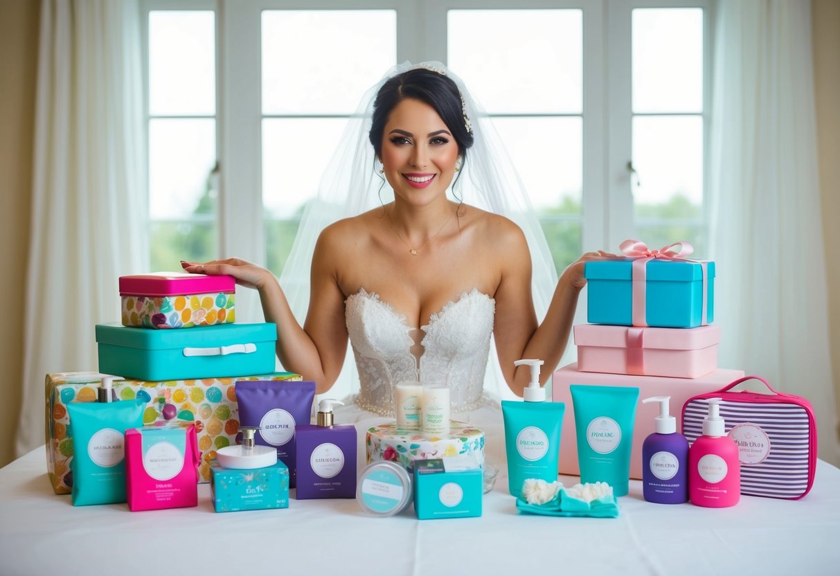 A bride surrounded by themed gifts: kitchenware, spa products, and travel accessories