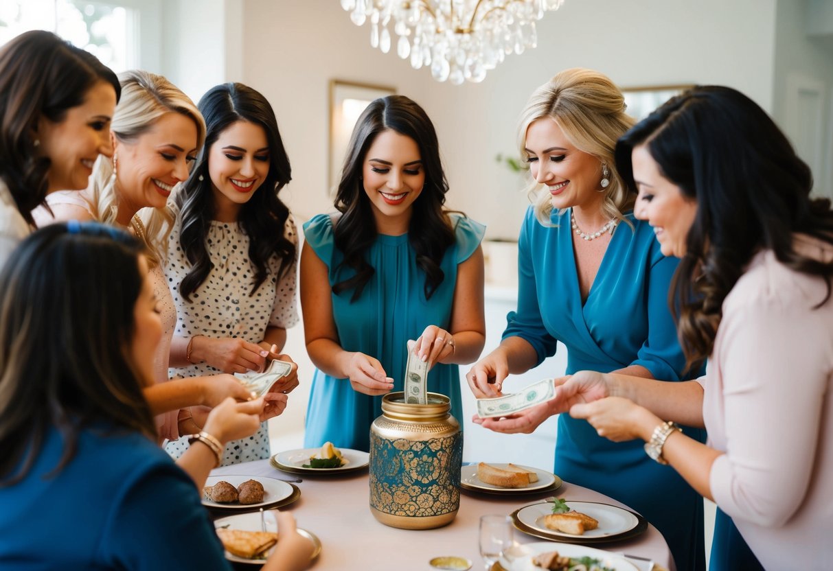 A group of women gathering around a table, placing money in a decorative jar for the food at a bridal shower