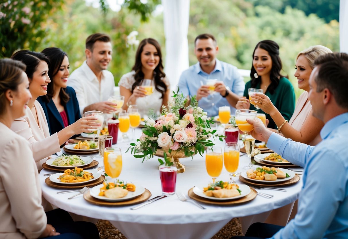 A table set with a spread of food and drinks, surrounded by a group of people contributing to the bridal shower financing
