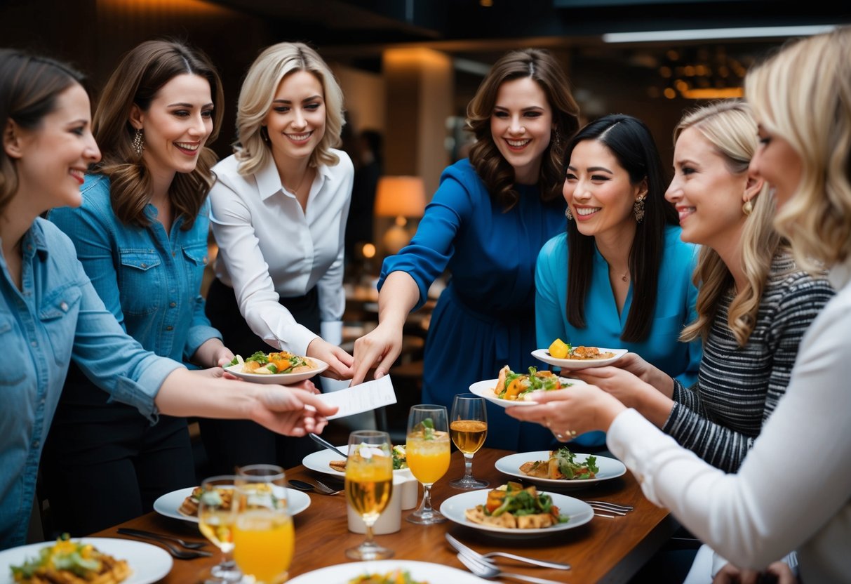 A group of women gather around a table, passing dishes of food and drinks. A central figure reaches for the check, while others chat and laugh