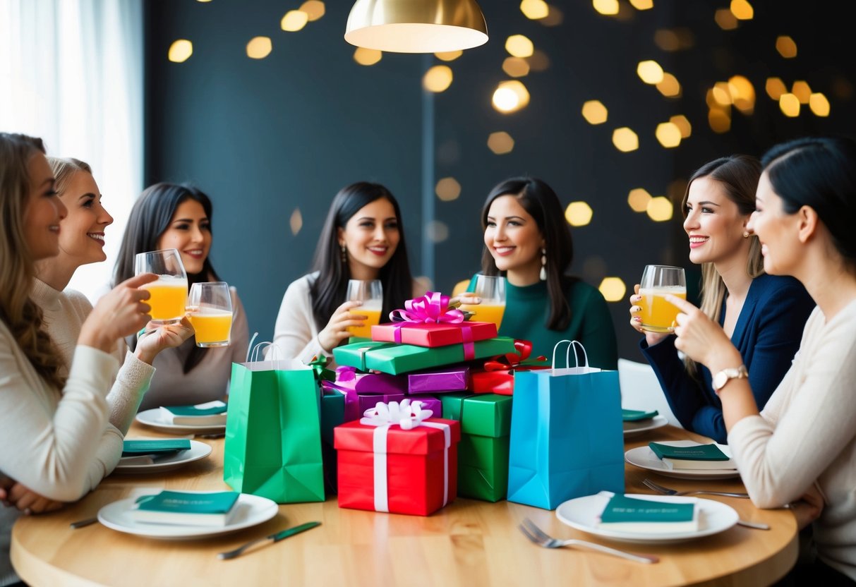 A group of women sit around a table, sipping drinks and chatting. A pile of colorful gift bags and boxes sits in the center