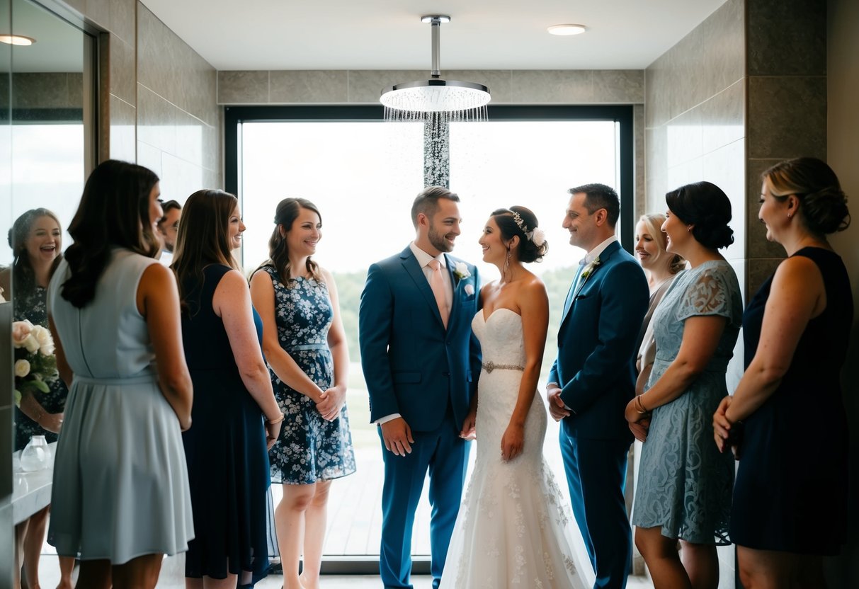 A couple standing under a single showerhead, symbolizing a couples shower. A group of people gathered around a bride-to-be, symbolizing a wedding shower
