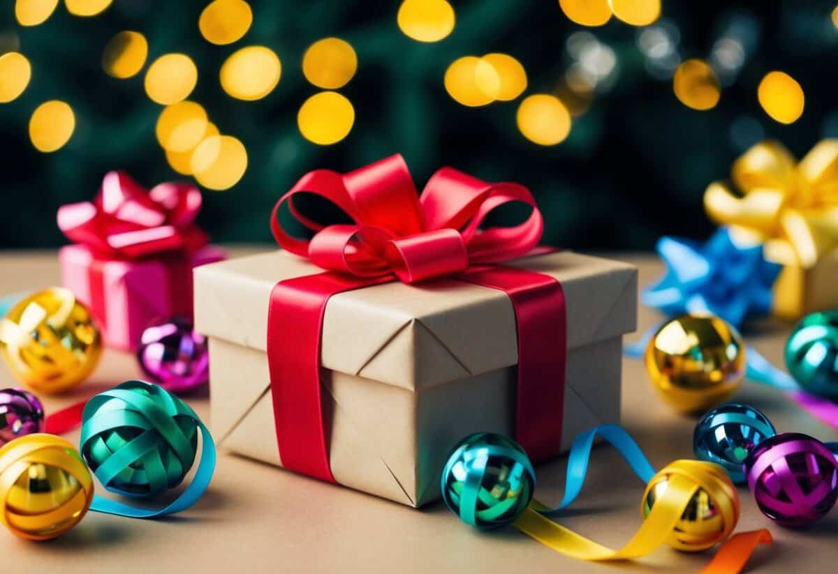 A wrapped gift sits on a table, surrounded by colorful ribbons and bows
