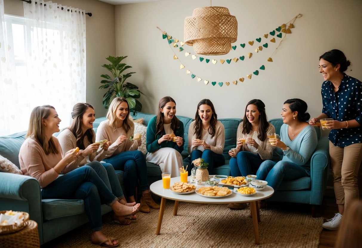 A group of friends gather in a cozy living room, adorned with homemade decorations and a simple spread of snacks and drinks. Laughter fills the air as they play games and exchange heartfelt advice for the bride-to-be
