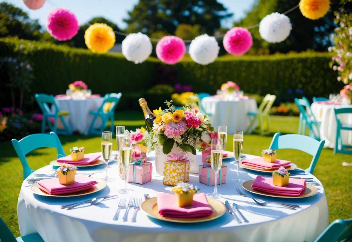 A sunny garden with colorful decorations and tables set for a gathering. Flowers, champagne, and gifts are arranged for a bridal shower celebration