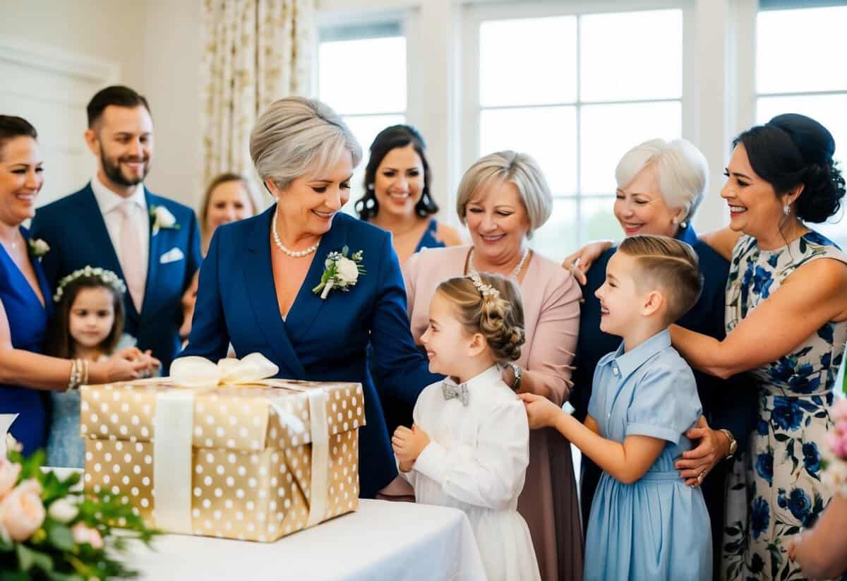 The mother of the groom presents a beautifully wrapped gift at the bridal shower, welcomed by the family with smiles and warm embraces