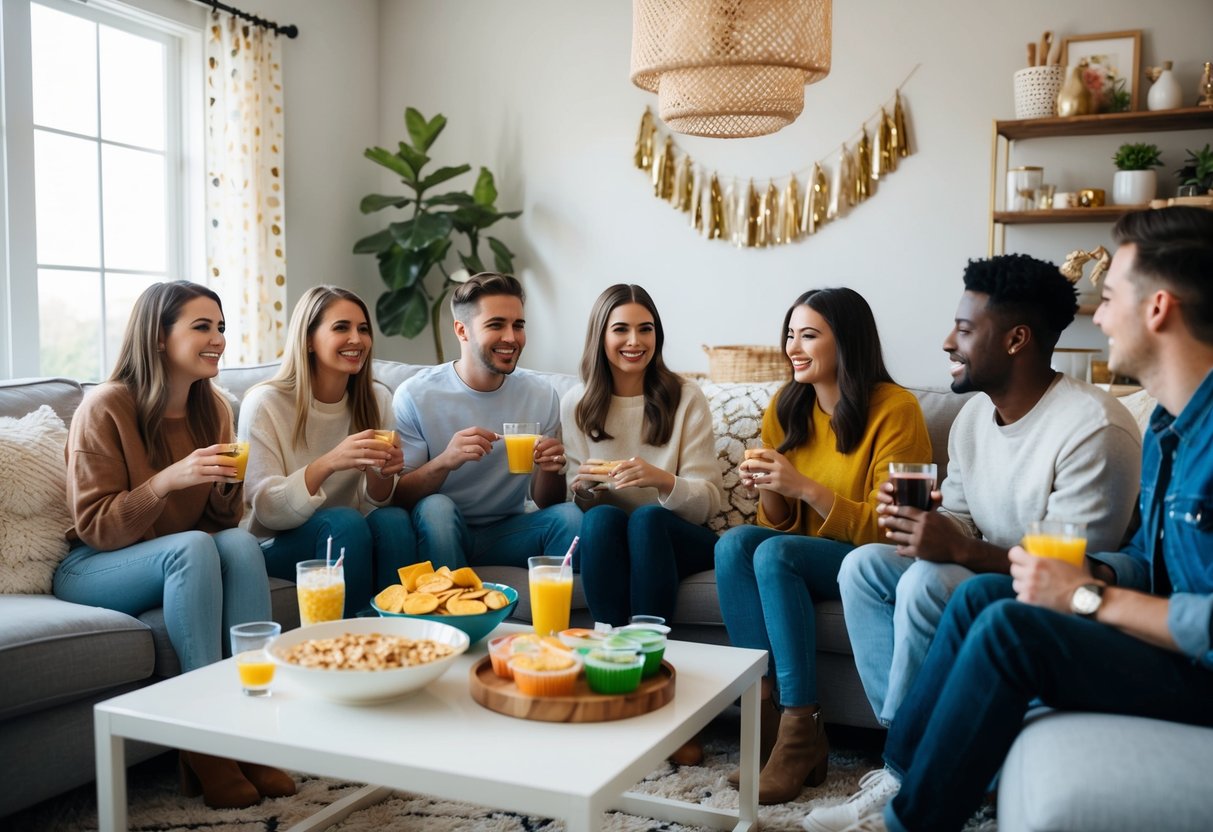 A group of friends gather in a cozy living room, adorned with DIY decorations and a table of budget-friendly snacks and drinks
