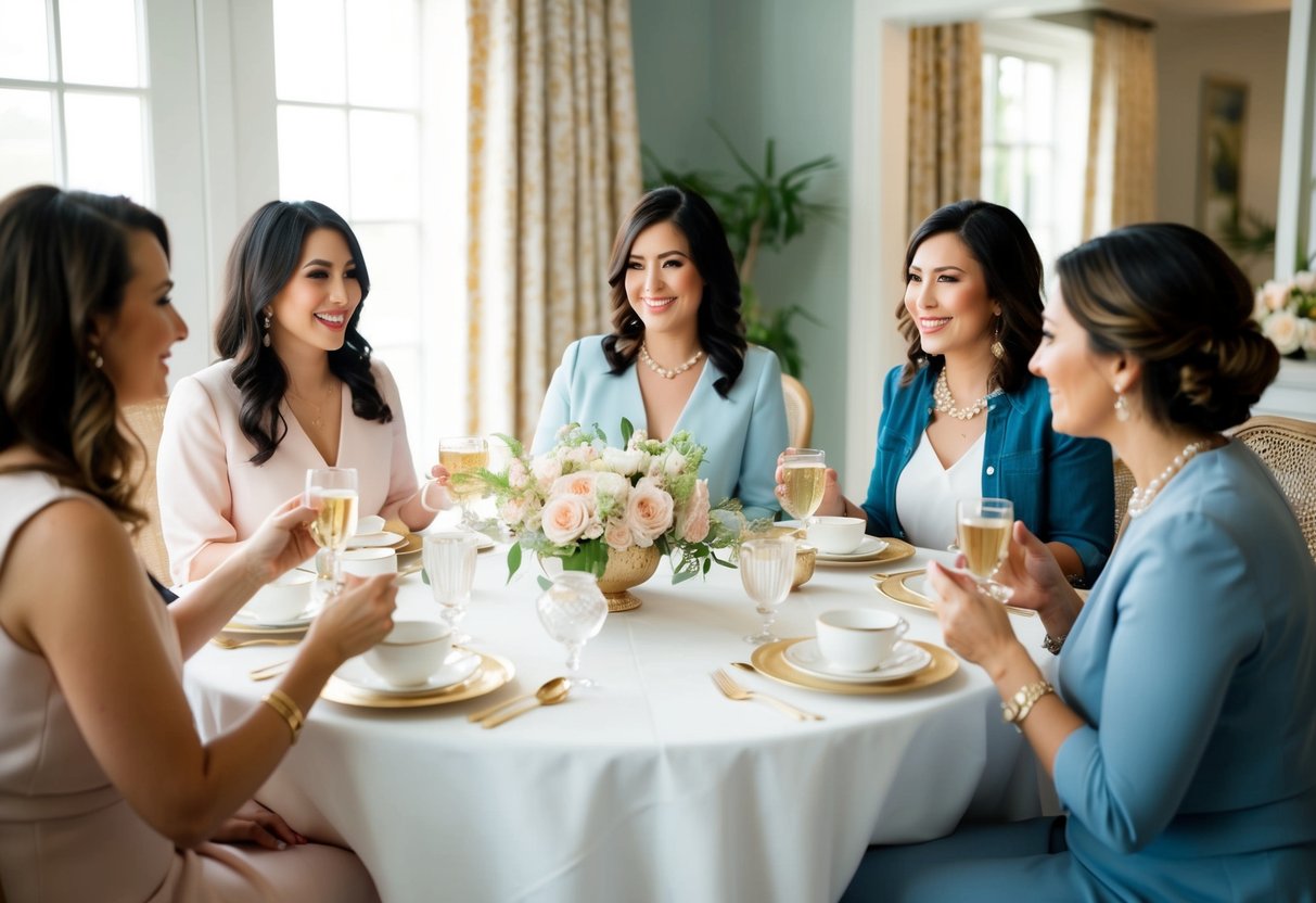 A group of women sitting around a beautifully decorated table, sipping tea and discussing bridal shower plans
