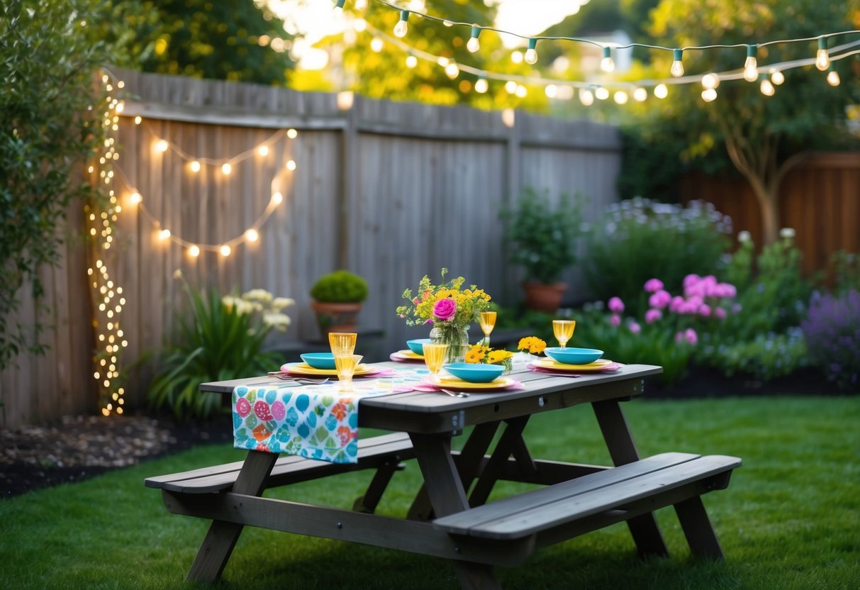A cozy backyard garden with fairy lights and homemade decorations. A picnic table set with colorful plates and flowers