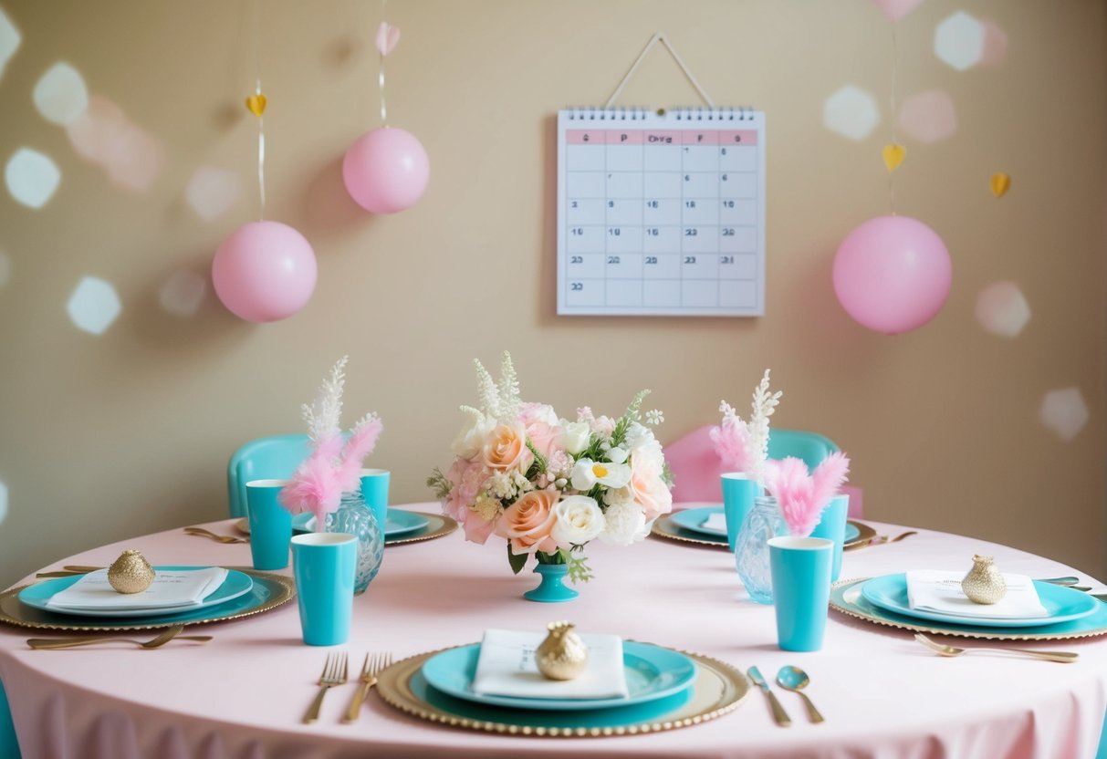 A table set with pastel decorations and place settings for a bridal shower. A calendar with Sunday highlighted hangs on the wall