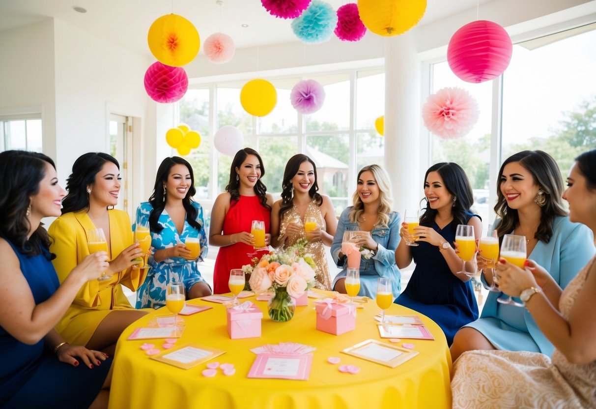 A group of women gathered in a bright, decorated space, sipping drinks and playing games at a bridal shower on a sunny Sunday afternoon