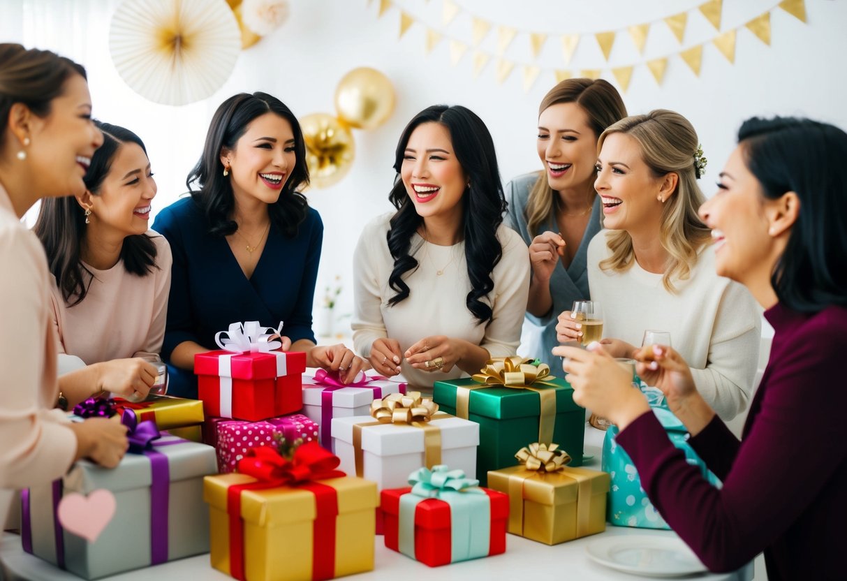 A group of women gather around a table filled with gifts and decorations, laughing and chatting as they celebrate the upcoming wedding