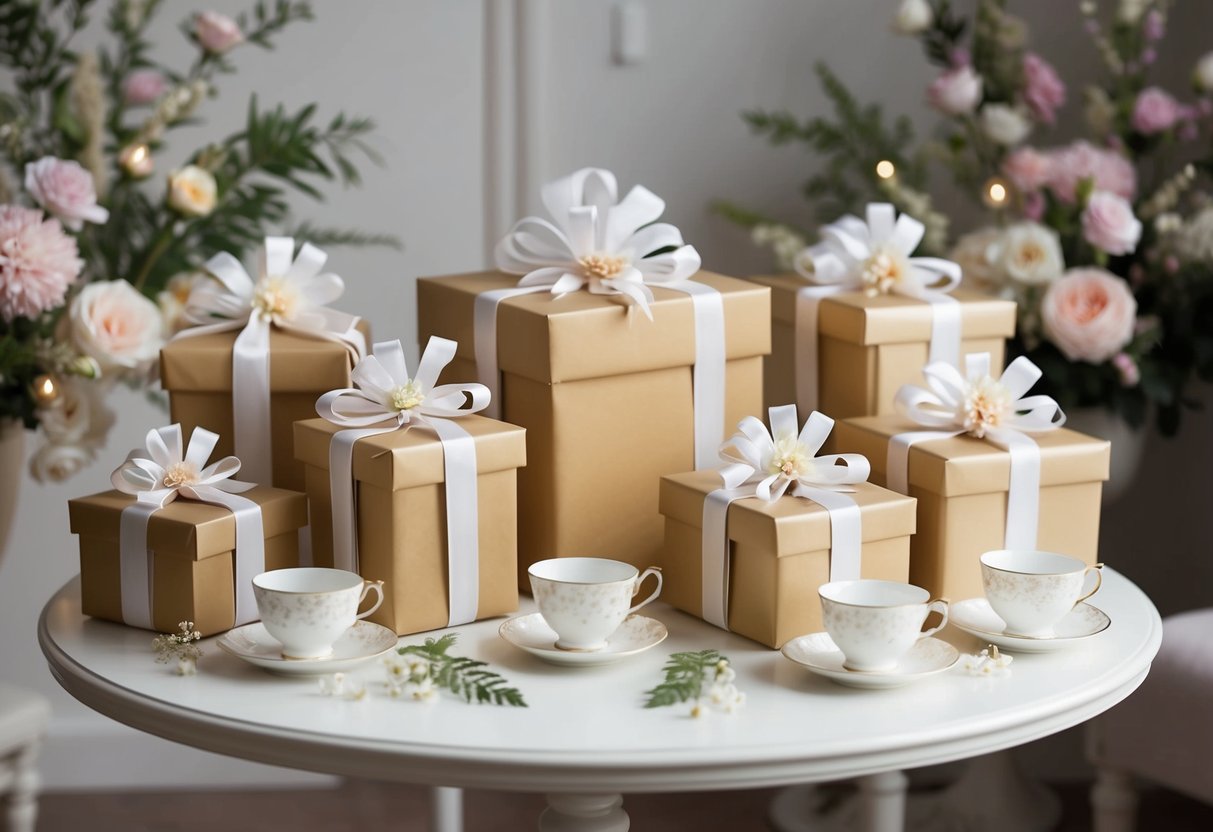 A group of elegantly wrapped gifts arranged on a table, surrounded by delicate floral decorations and dainty tea cups