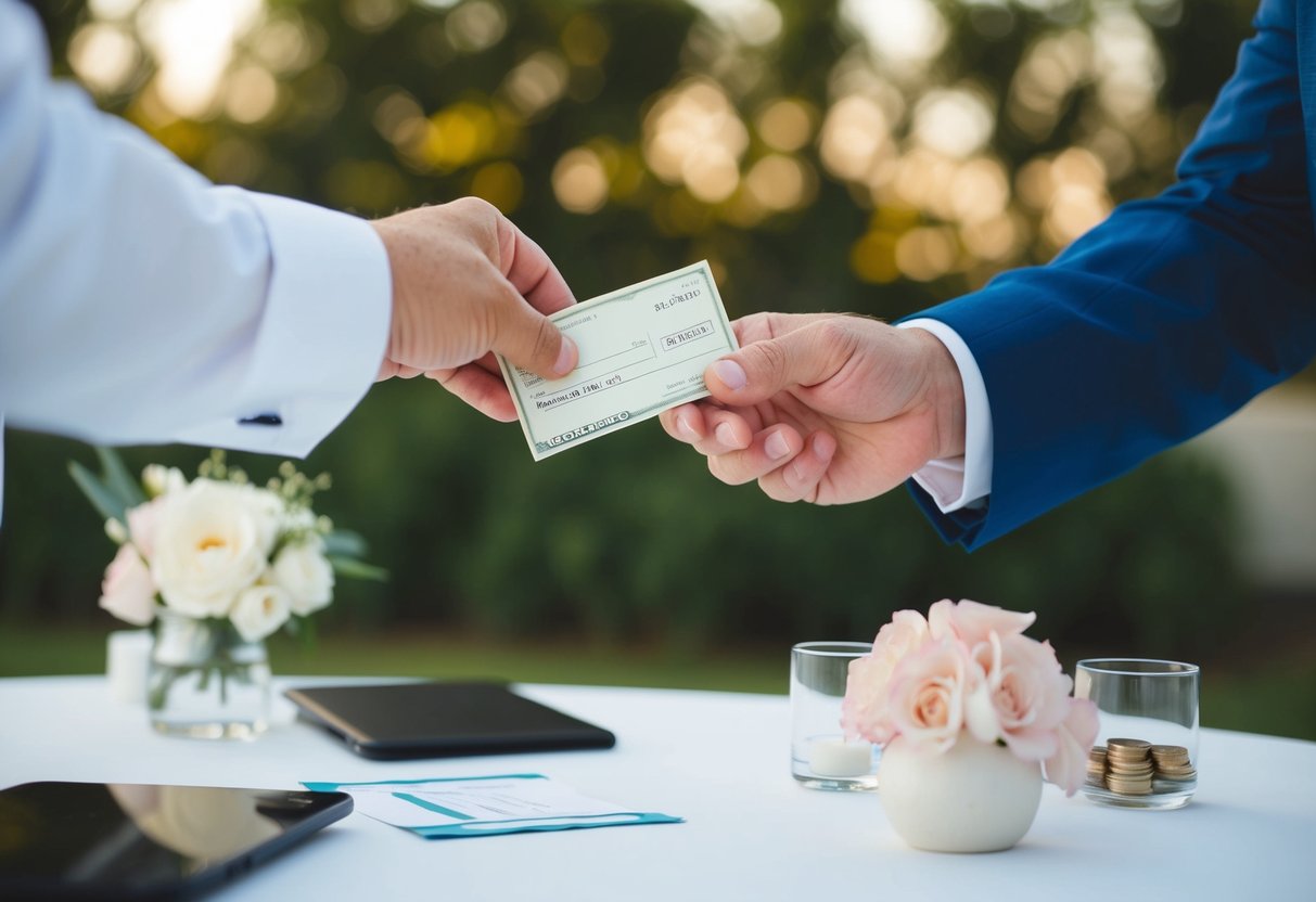 A father handing over a check or cash to a vendor or wedding planner