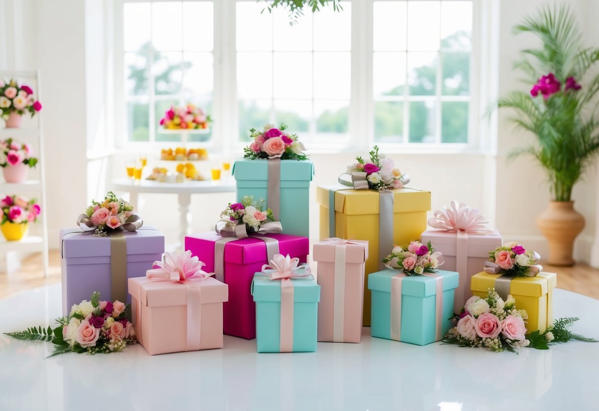 A group of elegantly wrapped gifts and floral decorations arranged in a bright, airy room, with a table set for refreshments