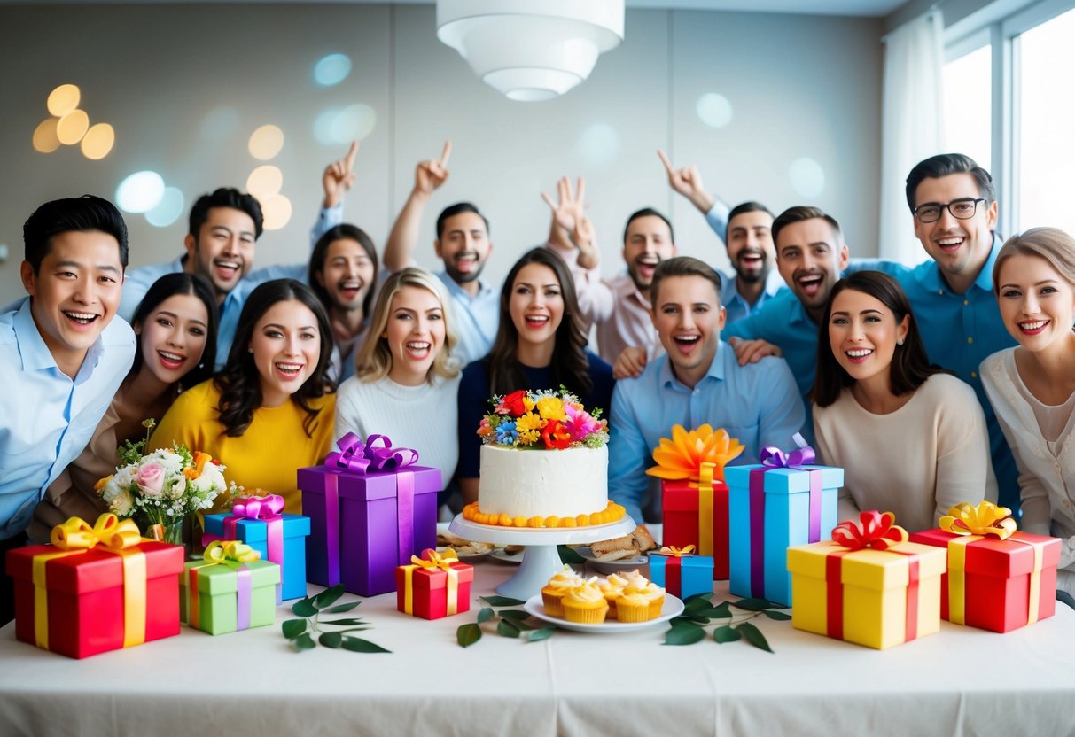 A table set with gifts, flowers, and a cake, surrounded by excited friends and family