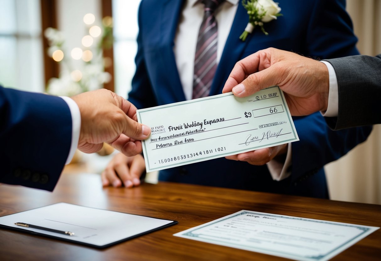 A father hands over a check to cover traditional wedding expenses