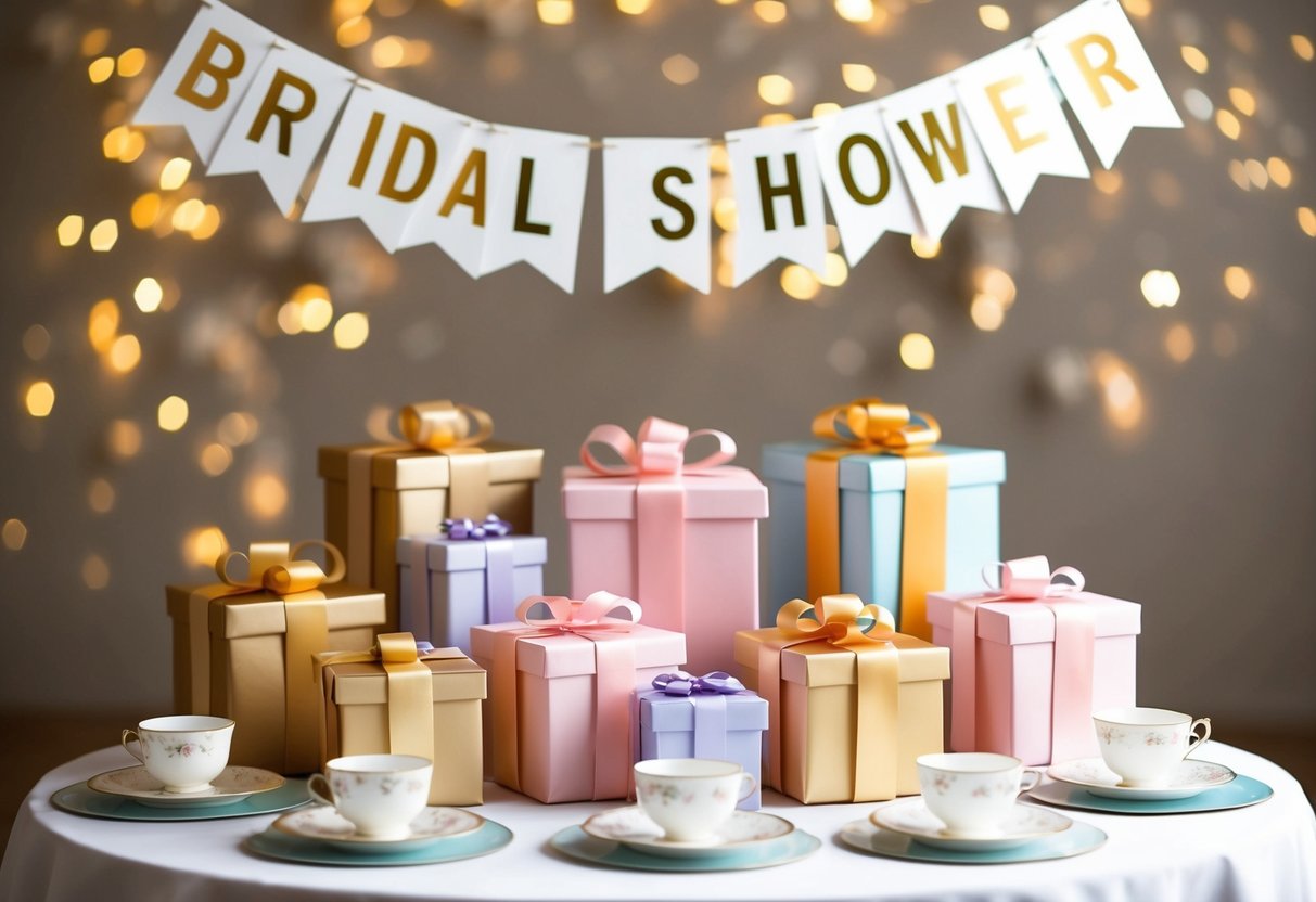A group of elegantly wrapped gifts arranged around a table set with delicate teacups and plates, with a banner reading "Bridal Shower" hanging above