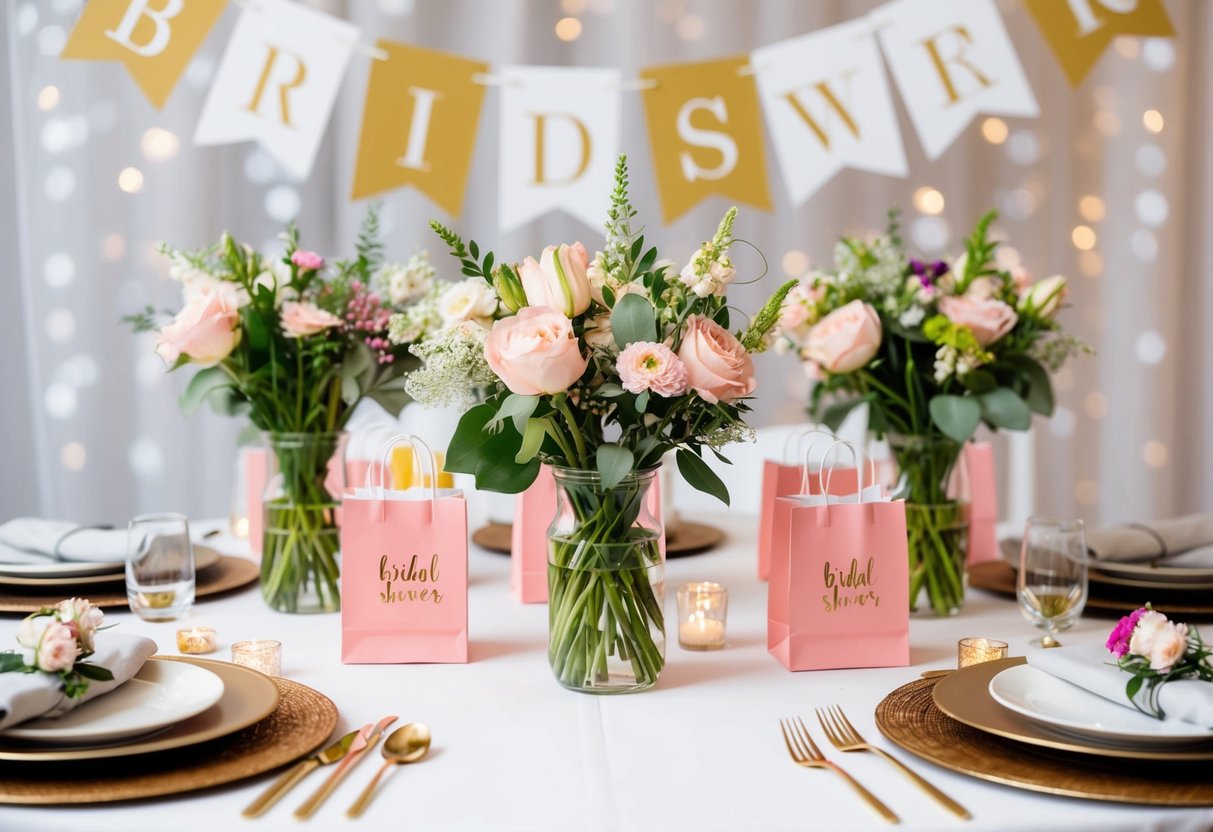 A table adorned with bridal shower elements such as floral centerpieces, gift bags, and place settings. A banner with the words "Bridal Shower" hangs in the background