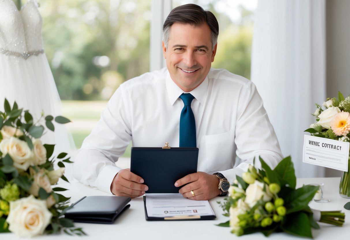 A father holding a checkbook, surrounded by wedding-related items like a dress, flowers, and a venue contract