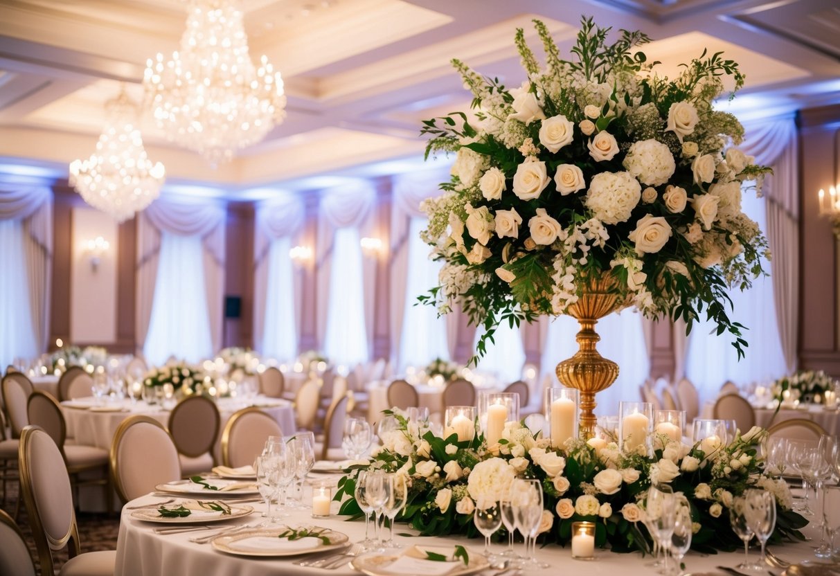 A lavish wedding venue with elegant decorations and a grand floral arrangement paid for by the bride’s father