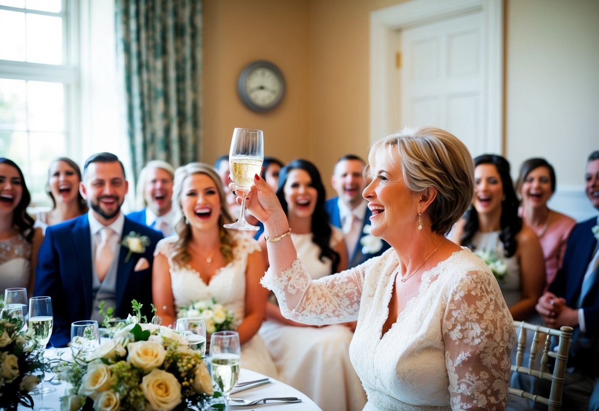 A mother raises a glass in a room filled with laughter and flowers, offering heartfelt words to the bride-to-be