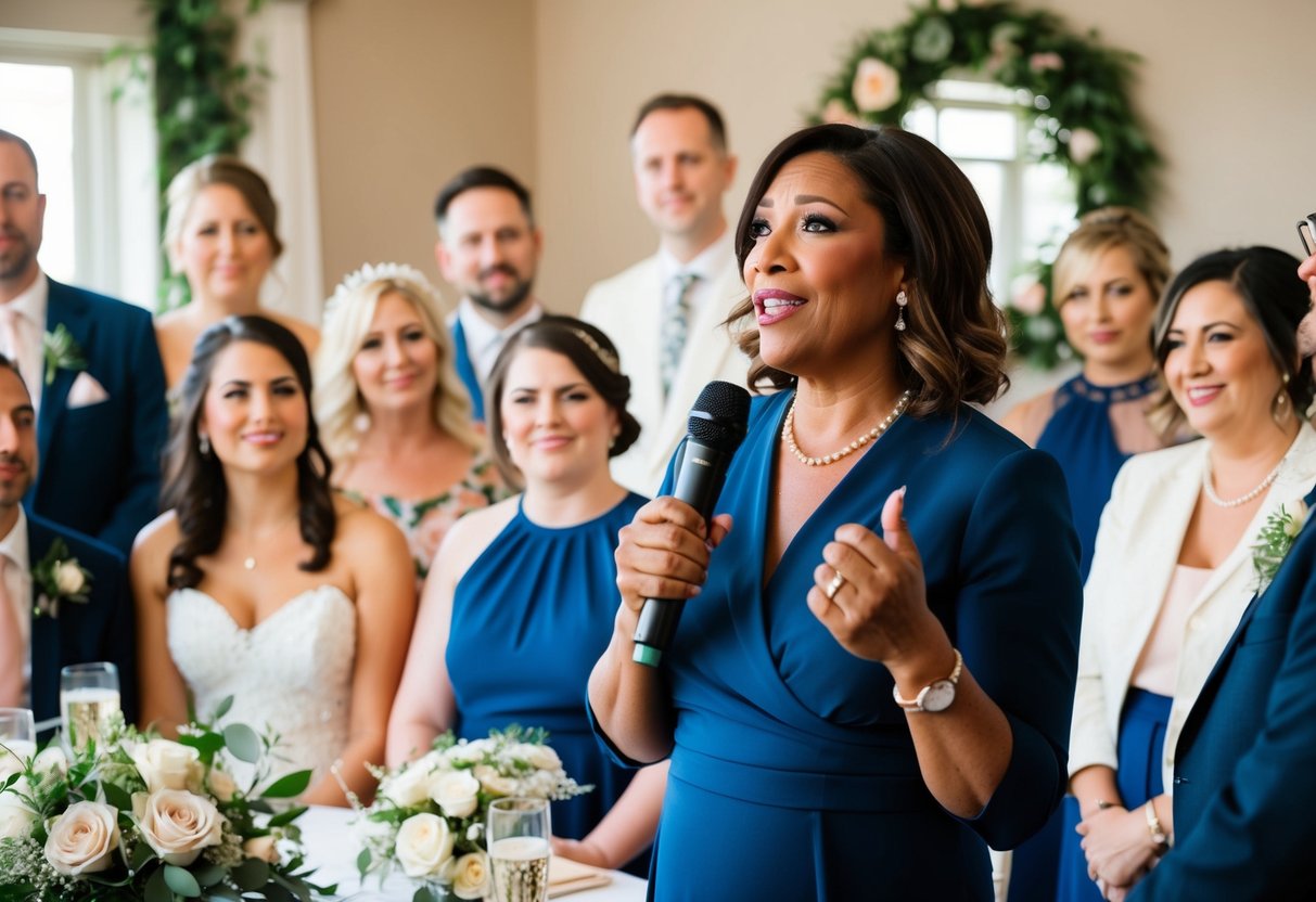 A mother stands at a bridal shower, surrounded by friends and family. She holds a microphone and speaks with emotion and love in her eyes